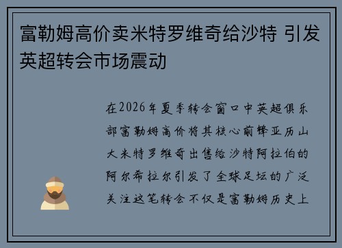 富勒姆高价卖米特罗维奇给沙特 引发英超转会市场震动 富勒姆高价卖米特罗维奇给沙特 引发英超转会市场震动